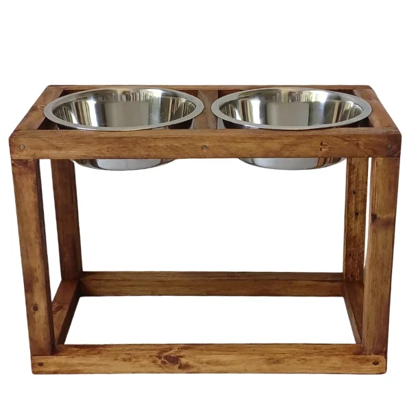 Large, Double, Varnished elevated dog bowl stand
