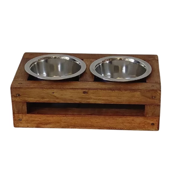 Small, double, varnished elevated dog bowl stand