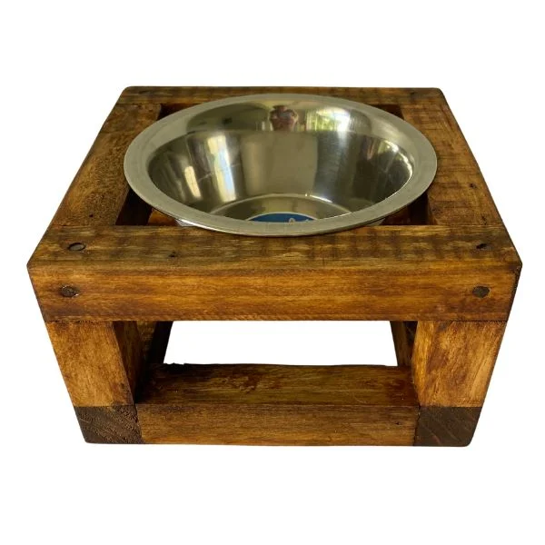 Small, single, varnished elevated dog bowl stand